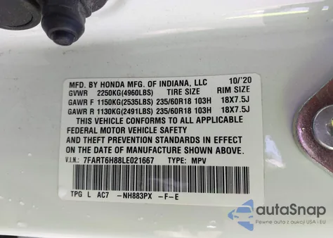 2020 Honda Cr-V Hybrid Ex-L z USA, uszkodzony, nr VIN 7FART6H88LE021667